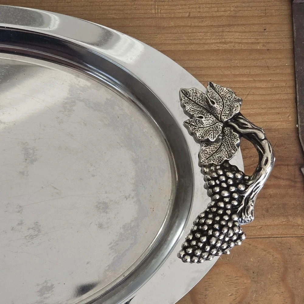 Vintage Towle Silversmiths Stainless Steel Serving Tray Oval Grape Vine Handles